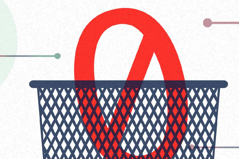 Artistic representation of a red circle with cross through the center thrown into a waste basket.